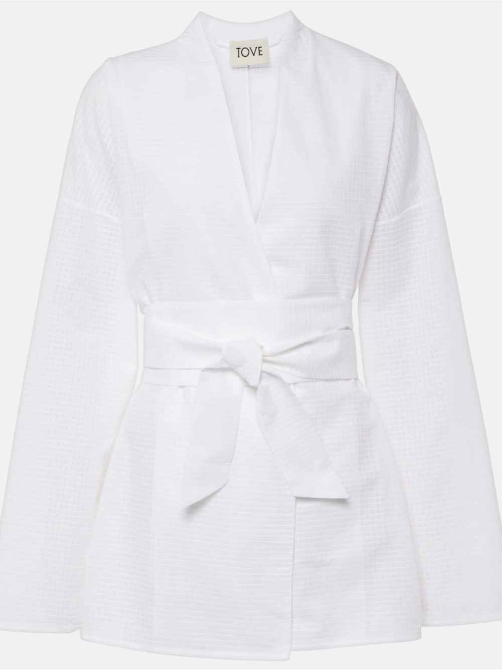 TOVE White Waffle Kimono Wrap Jacket Top with Self-Tie Belt
